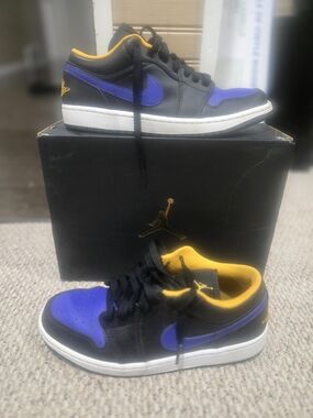Air Force Ones- Jordan Low Top Sneakers - Black/Purple with Yellow Lining